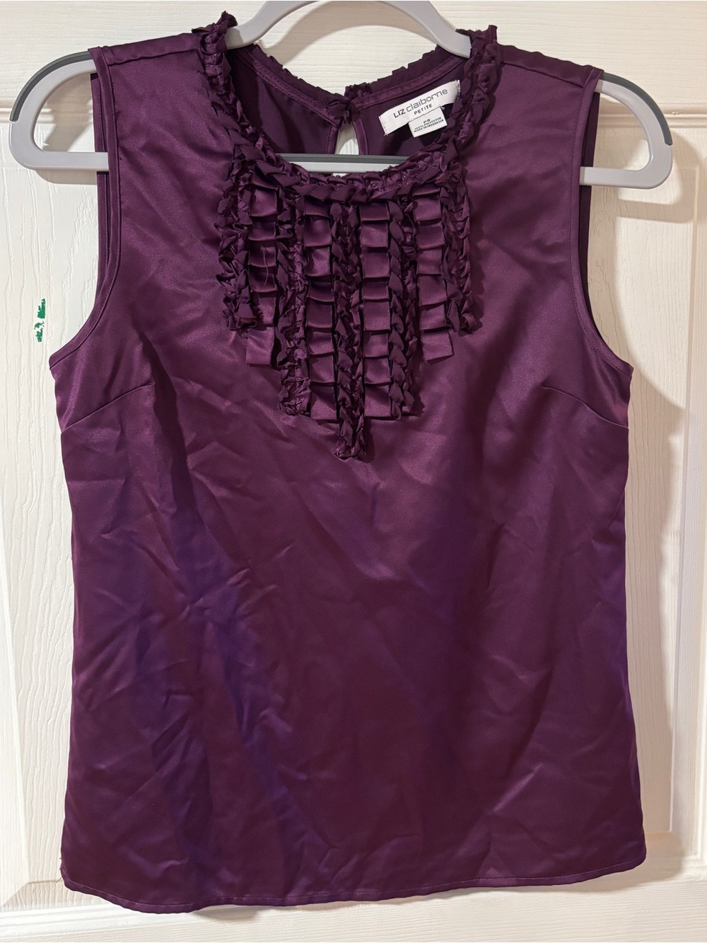 Liz Claiborne Deep Plum Sleeveless Ruffle-Front Satin Top PS